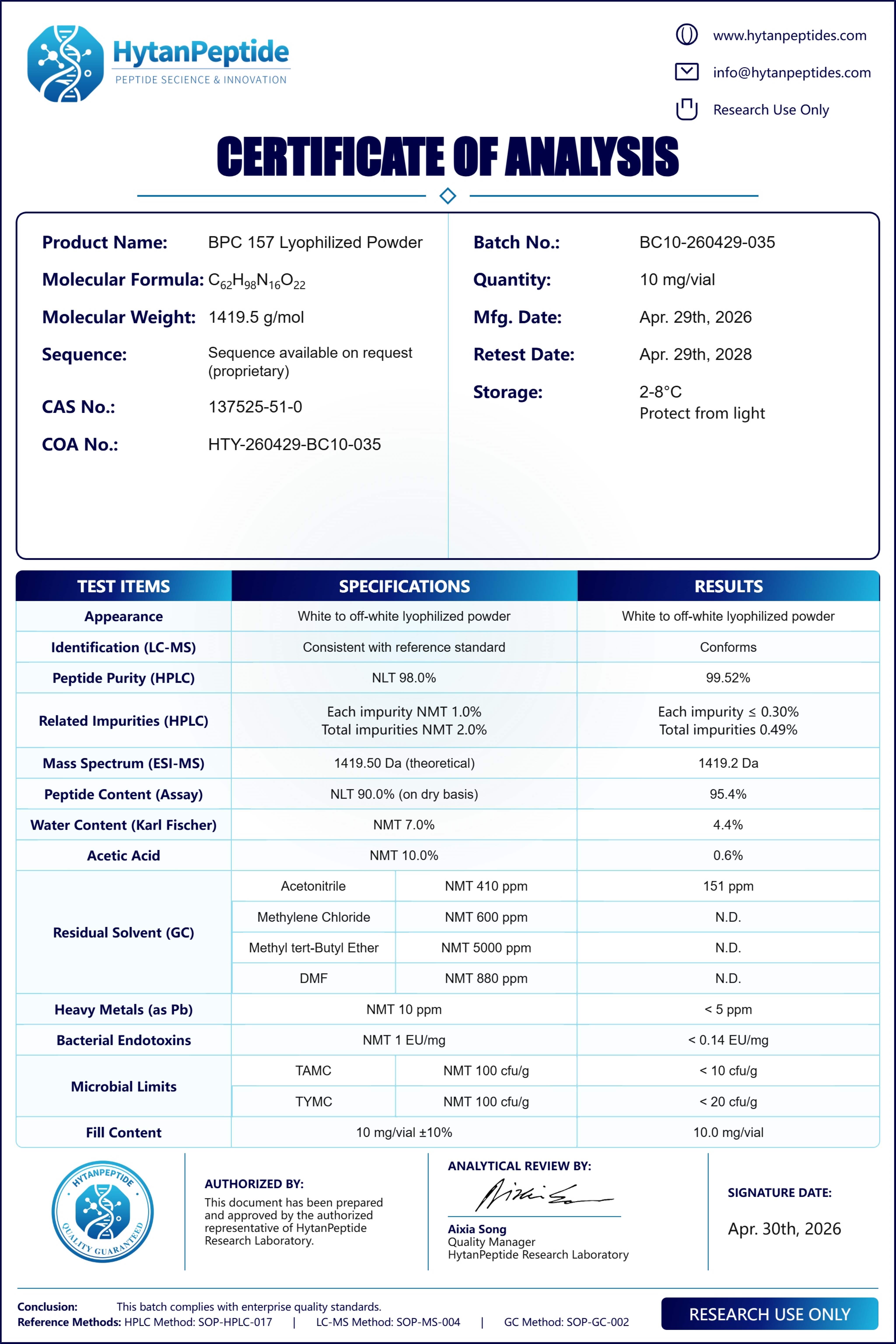 BPC 157 10mg COA