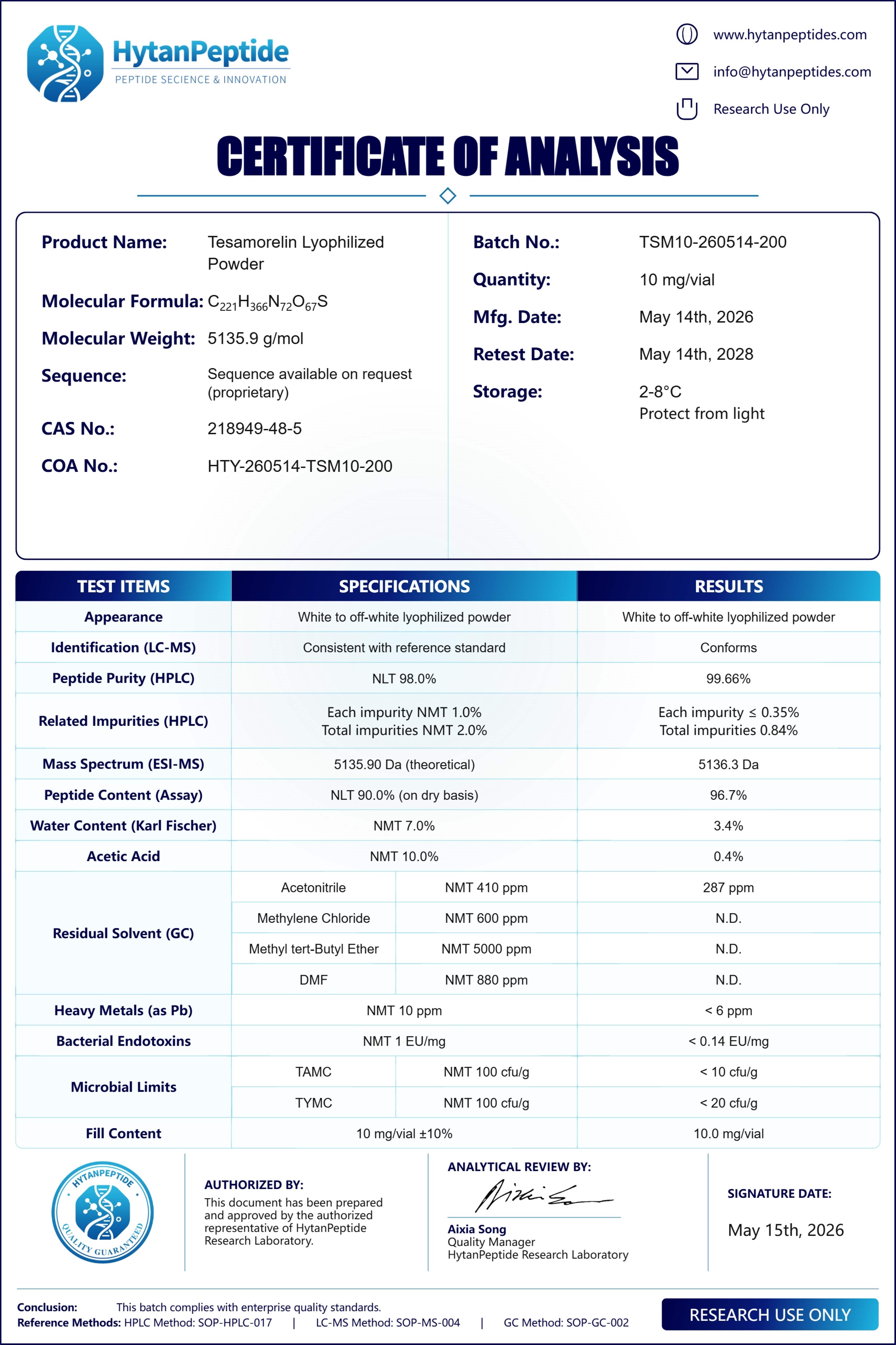 HytanPeptide_Tesamorelin_10mg  COA