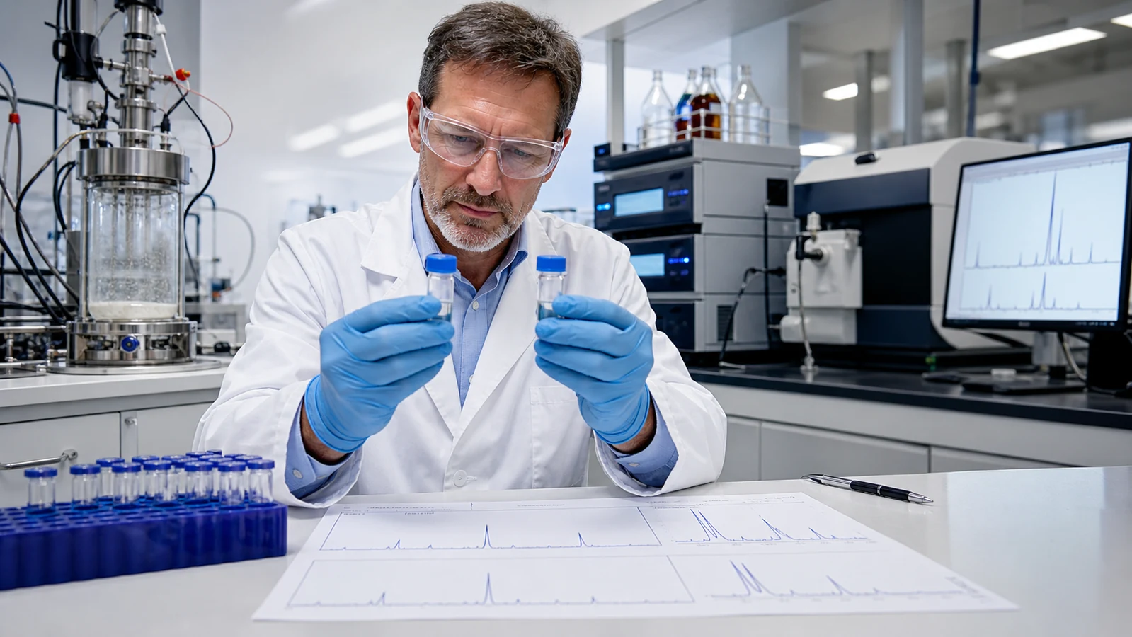 Peptide chemist comparing terminally modified peptide vials and chromatographic quality-control data