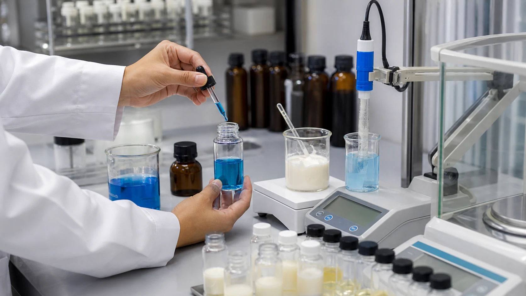 Cosmetic formulation chemist testing blue GHK-Cu solutions for pH and ingredient compatibility