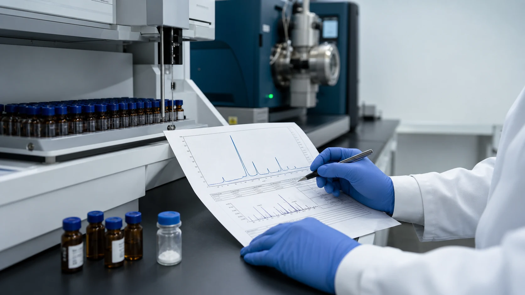 Scientist verifying HPLC chromatogram and mass spectrometry data for a bulk research peptide batch