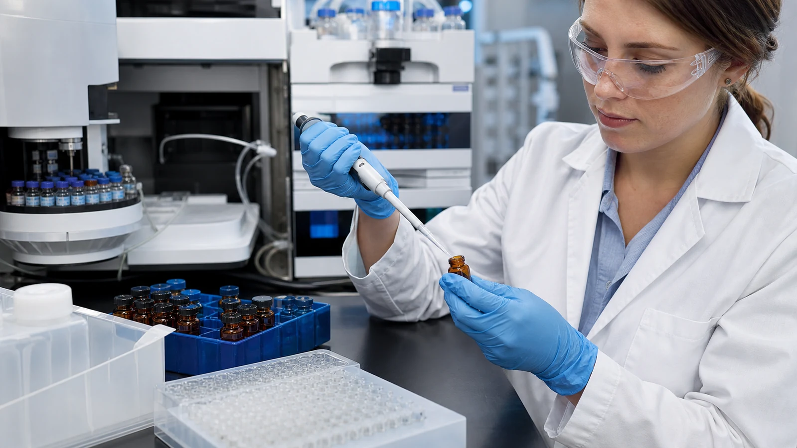 Scientist preparing biotinylated peptide samples beside an HPLC autosampler and microplate