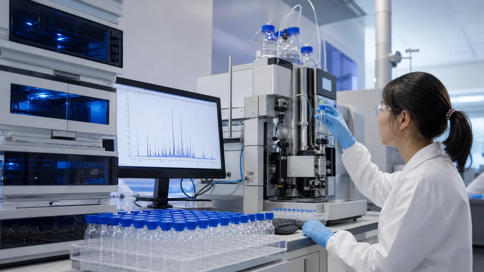Peptide scientist reviewing glycopeptide purification fractions and LC-MS data