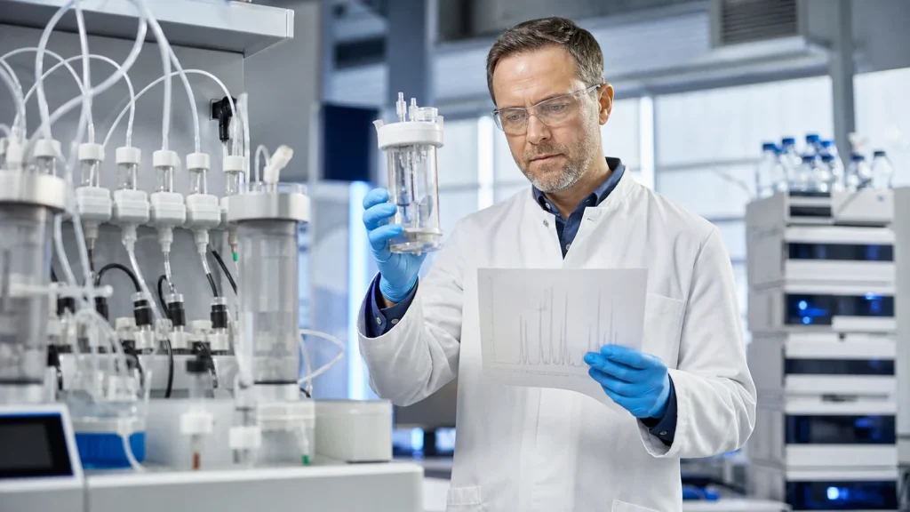 Peptide chemist evaluating a synthesis vessel and chromatogram for a difficult long peptide project