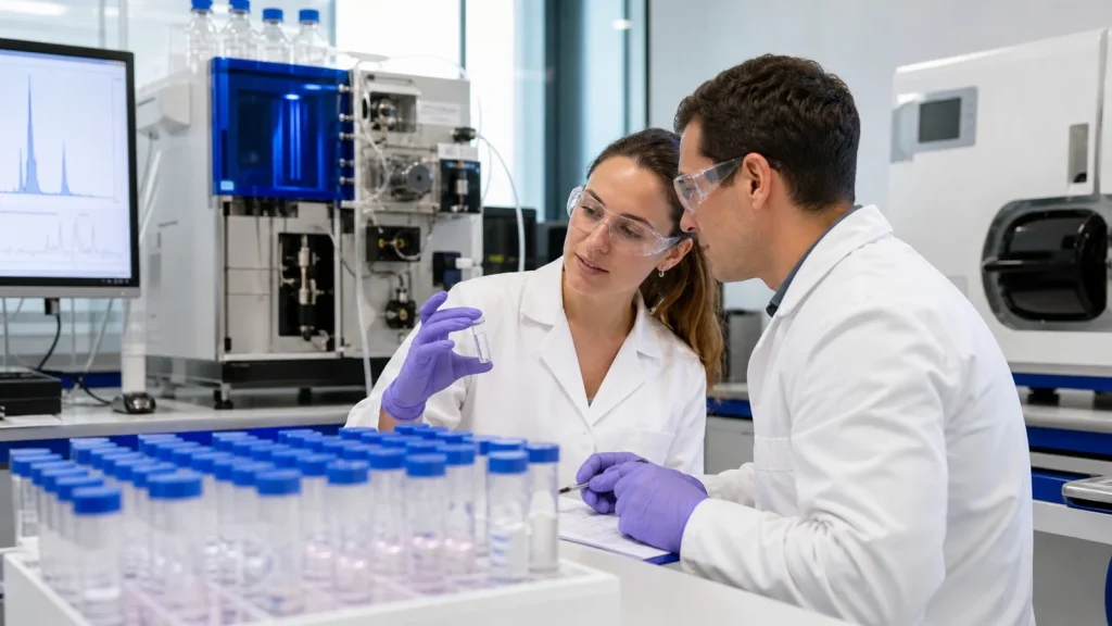 Scientists reviewing preparative chromatography fractions for a custom PEGylated peptide