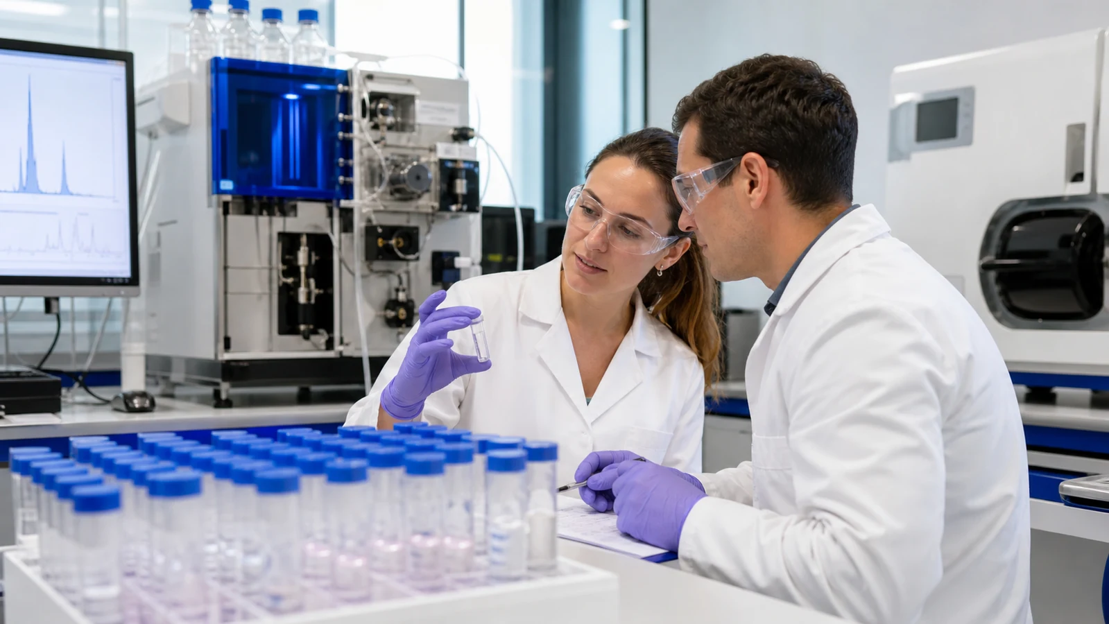 Scientists reviewing preparative chromatography fractions for a custom PEGylated peptide