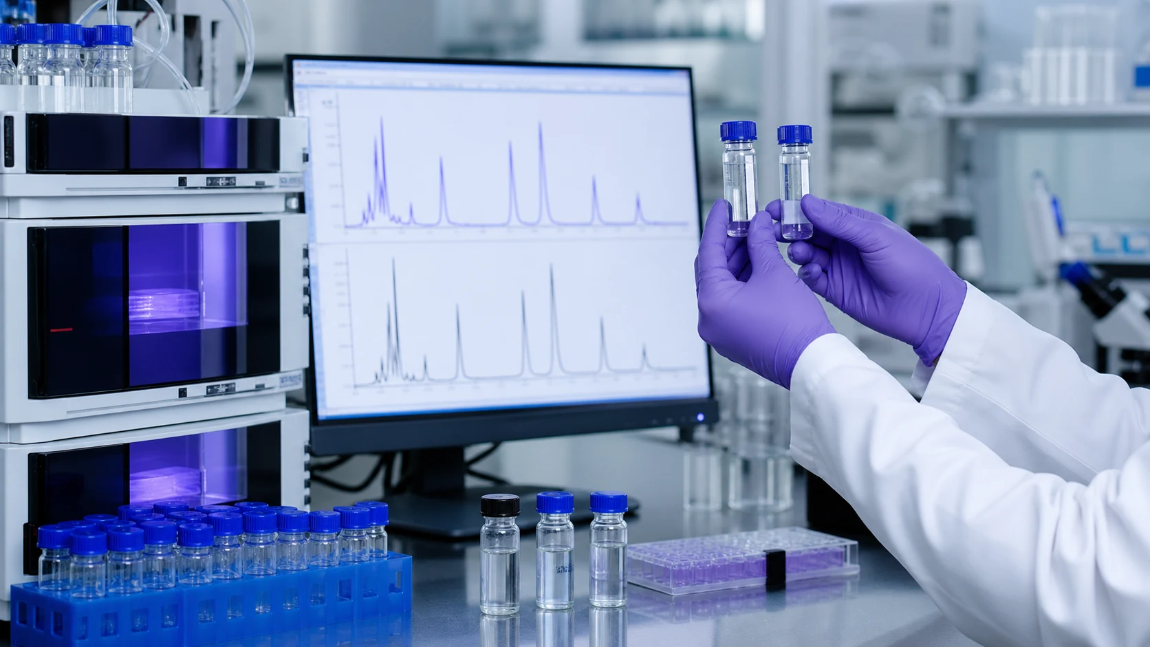 Analytical laboratory comparing chiral chromatography results for custom peptide samples