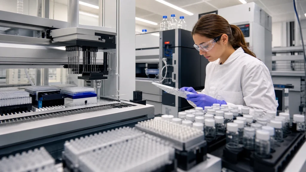 Scientist reviewing microplates during high-throughput custom peptide library synthesis