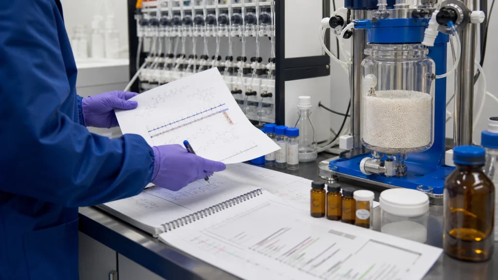 Peptide chemist reviewing a custom synthesis scale-up plan beside a solid-phase peptide synthesizer