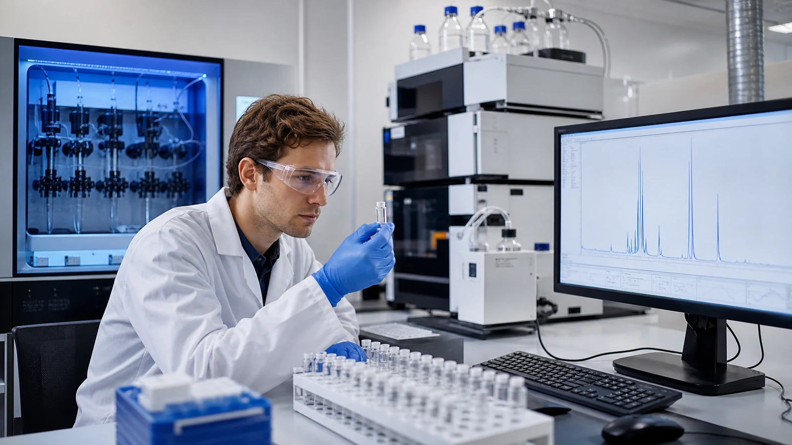 Peptide chemist reviewing phosphopeptide samples and LC-MS chromatograms in an analytical laboratory