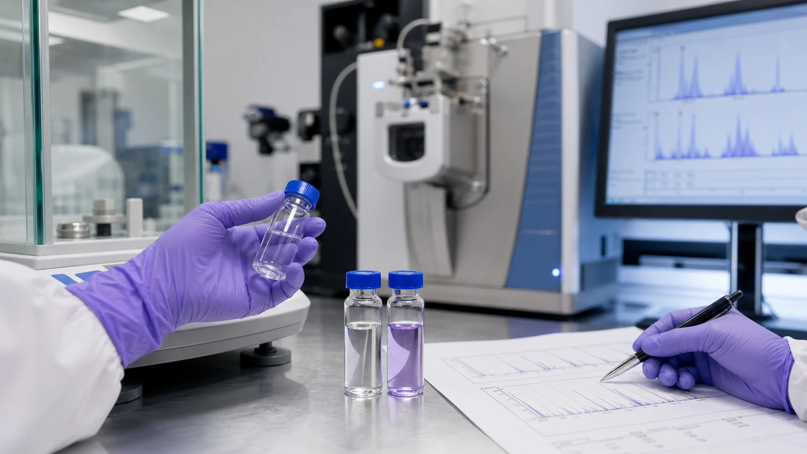 Mass spectrometry scientist preparing stable isotope-labeled peptide reference standards
