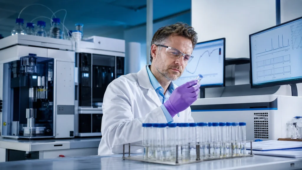 Peptide scientist inspecting purified stapled peptide fractions and analytical chromatograms