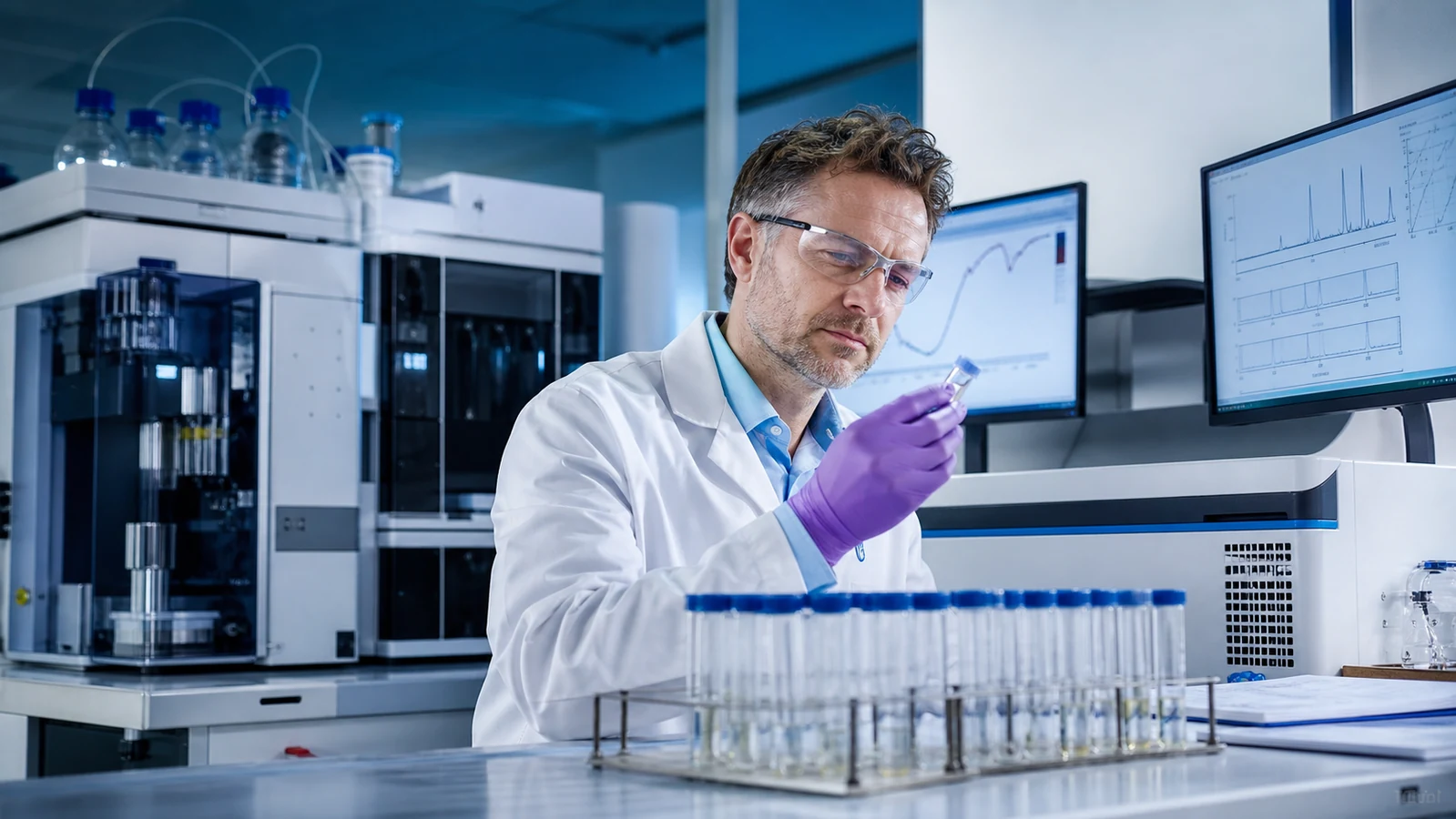Peptide scientist inspecting purified stapled peptide fractions and analytical chromatograms