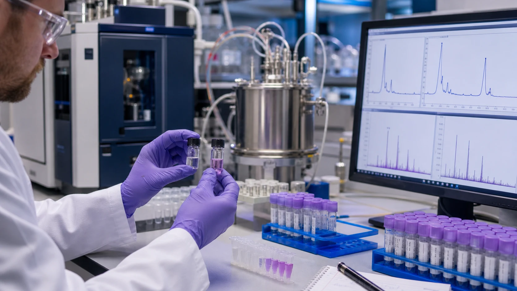 Peptide chemist comparing samples during cyclic and disulfide peptide structure confirmation