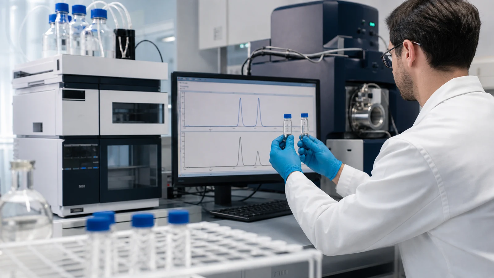 Analytical scientist comparing D-amino-acid peptide samples using chiral chromatography