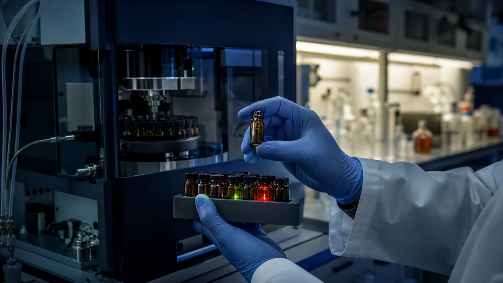 Scientist handling amber vials during fluorescent-labeled peptide quality control
