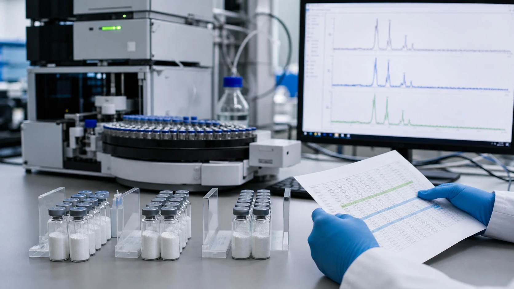 Analytical laboratory comparing multiple GLP-1 research peptide manufacturing batches