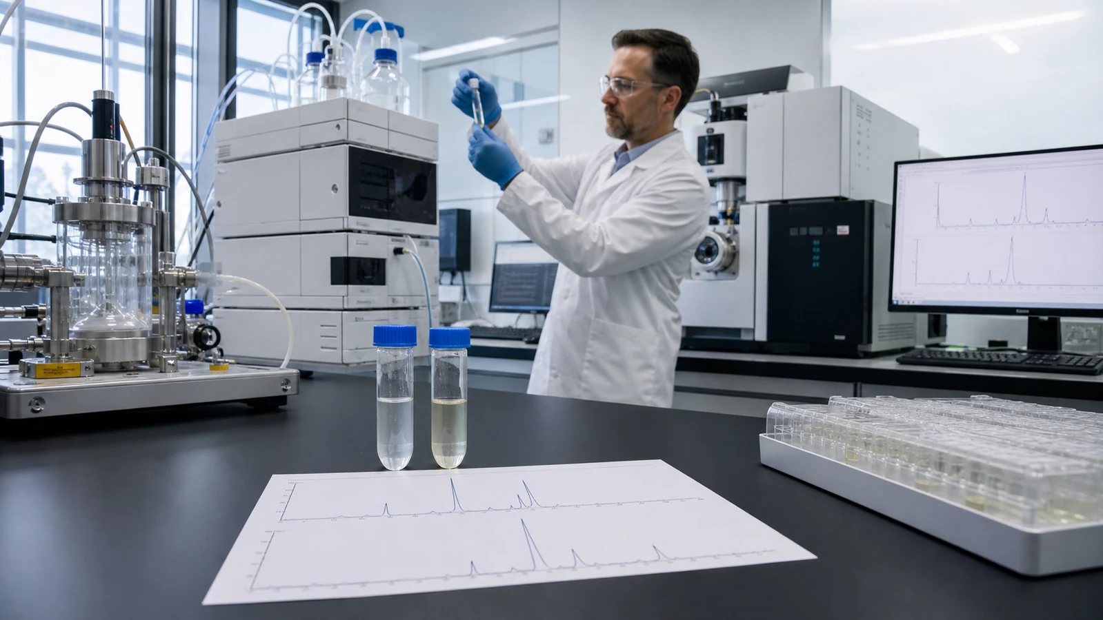Scientist monitoring head-to-tail cyclic peptide purification and ring-closure analysis