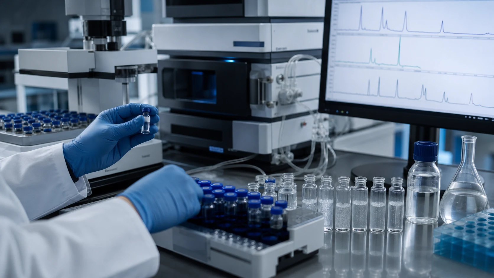 Analytical scientist developing chromatography methods for a lipidated GLP-family research peptide