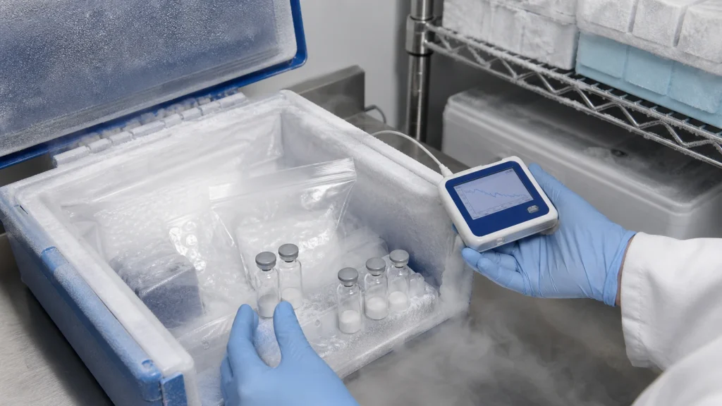 Laboratory receiving inspection of a cold-chain shipment containing lyophilized research peptide vials