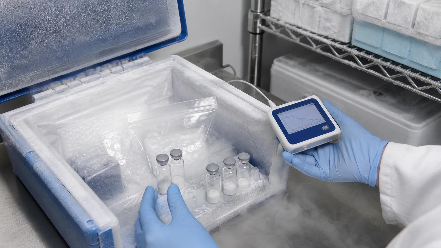 Laboratory receiving inspection of a cold-chain shipment containing lyophilized research peptide vials