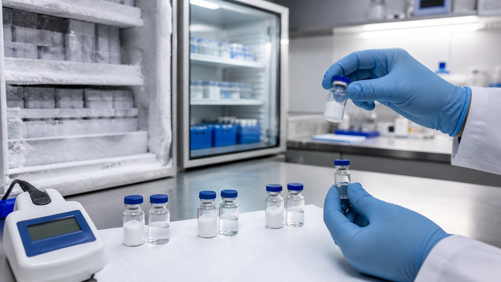 Laboratory conducting controlled freeze-thaw stability testing on lyophilized and reconstituted peptide vials