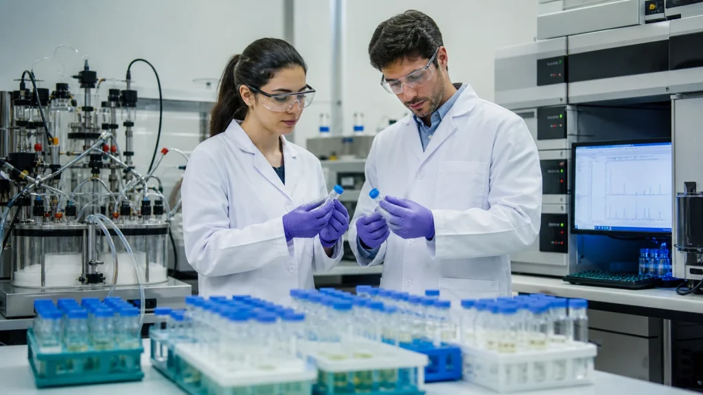 Scientists reviewing branched multiple antigen peptide fractions in a purification laboratory