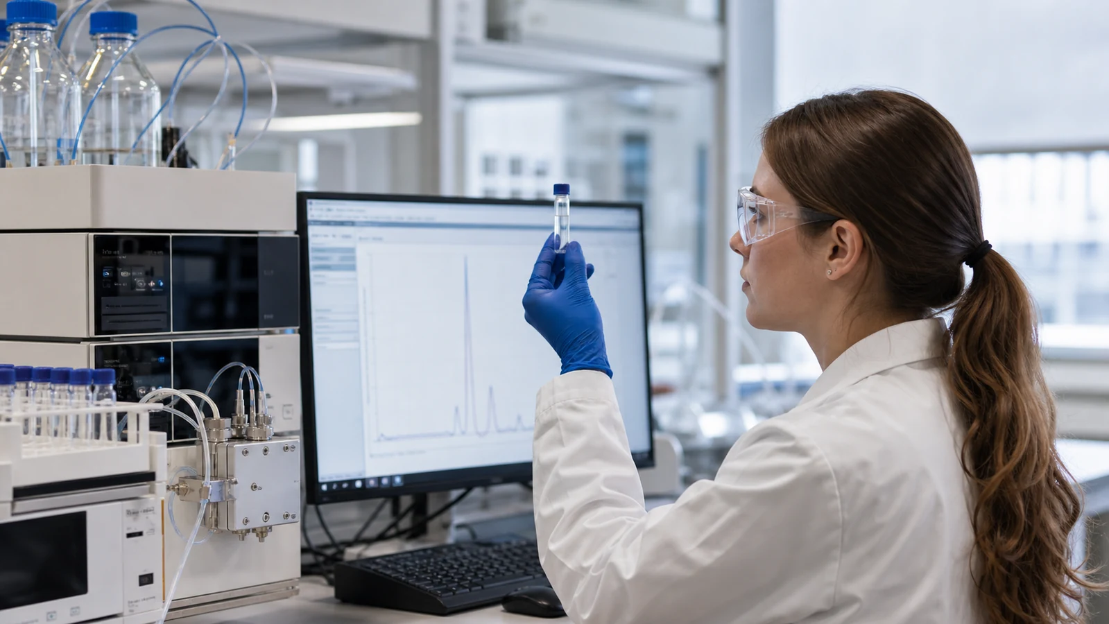 Scientist inspecting a peptide sample during size-exclusion chromatography aggregation testing