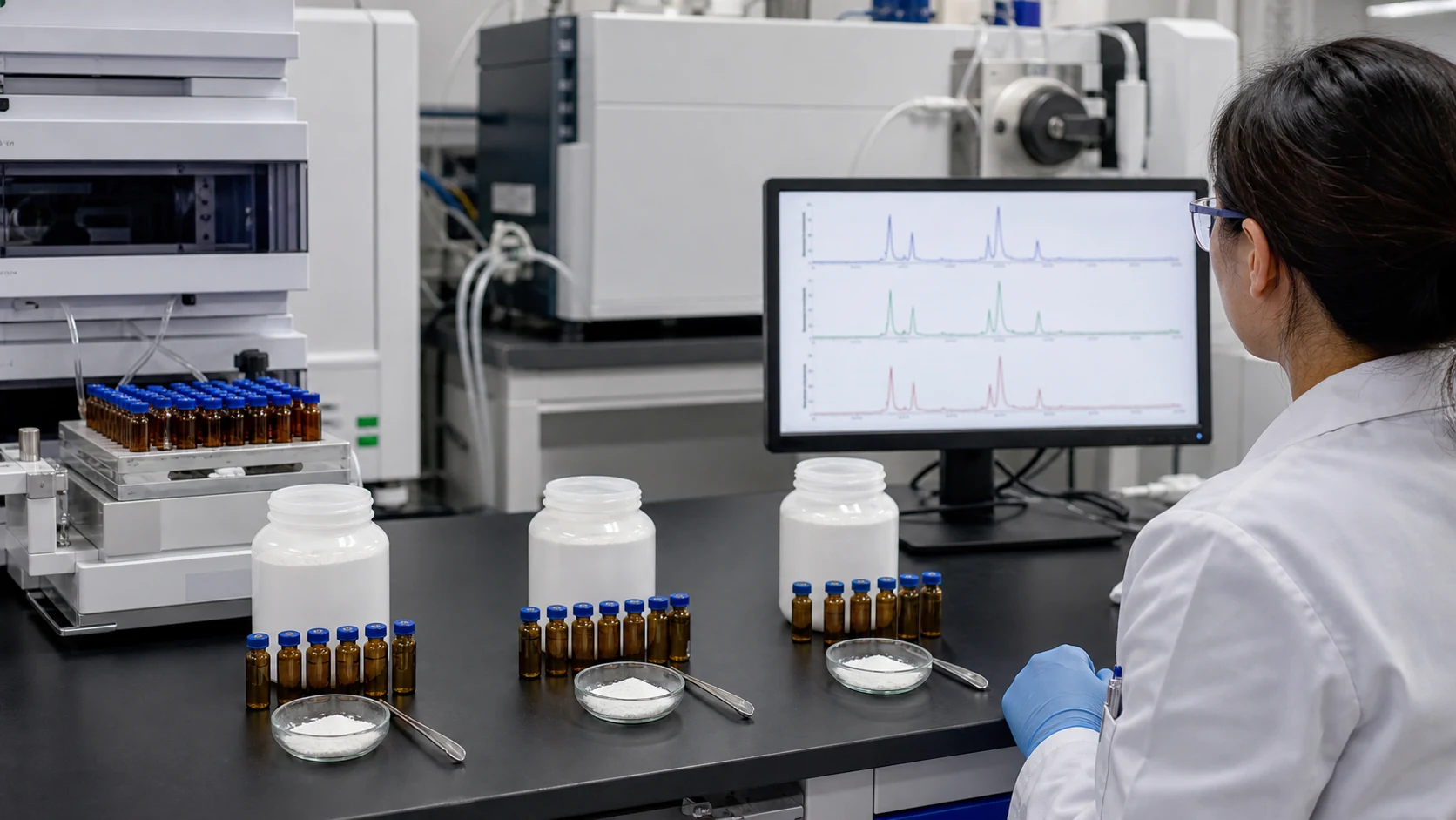 Analytical laboratory comparing samples for peptide blend ratio and batch homogeneity