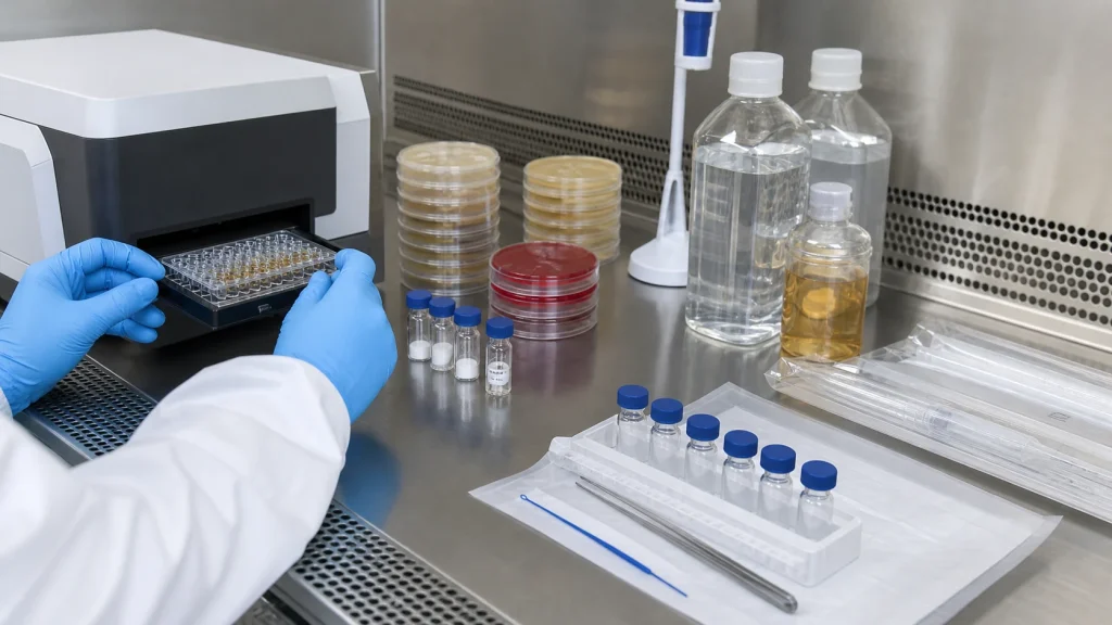 Microbiology QC laboratory performing endotoxin, bioburden and sterility checks on peptide samples