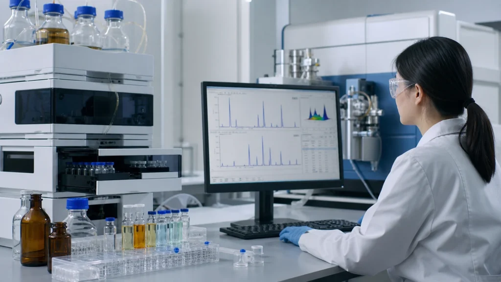 Analytical scientist reviewing peptide forced degradation HPLC chromatograms in a laboratory