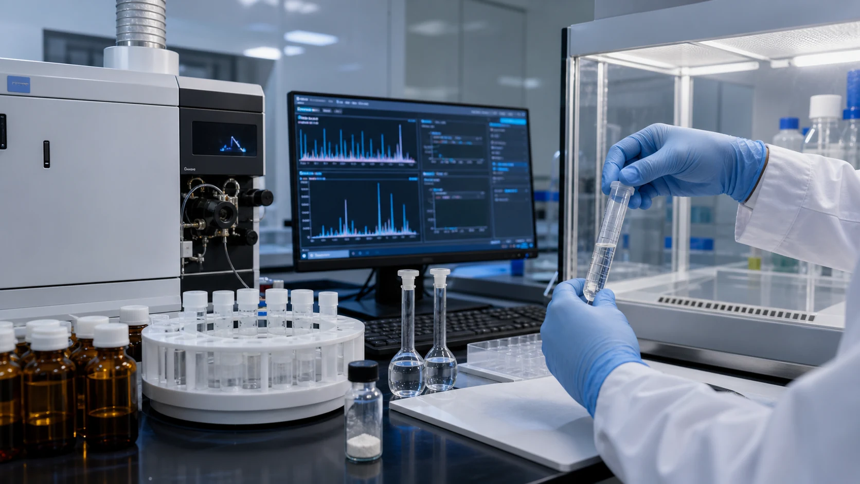 Analytical chemist preparing a peptide sample for ICP-MS elemental impurity testing