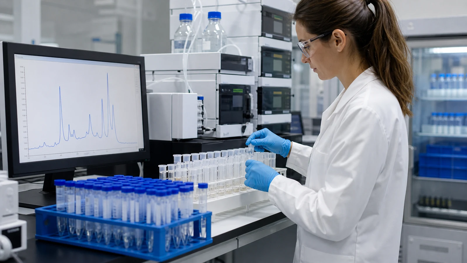 Scientist preparing peptide carrier-protein conjugate fractions beside chromatography equipment