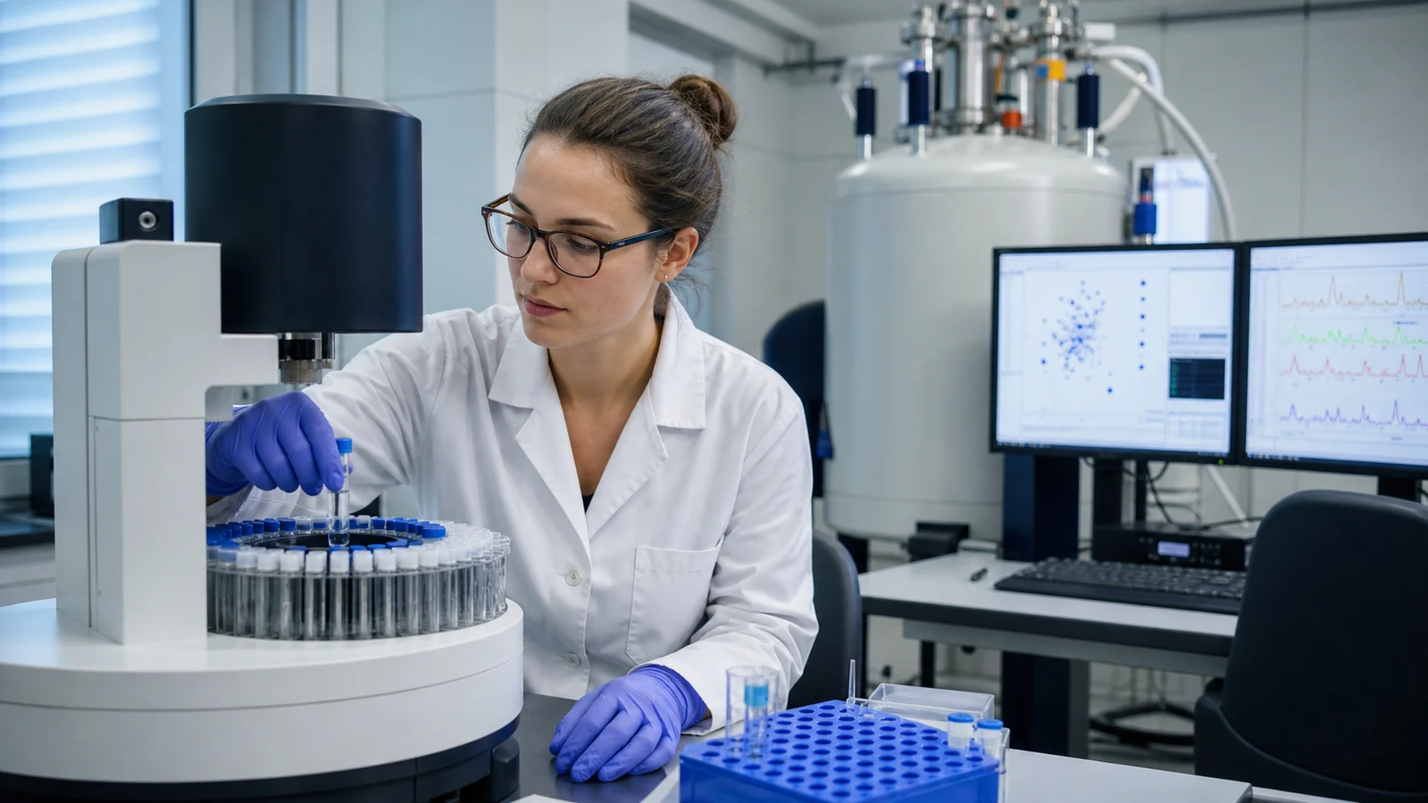 Scientist loading a peptide NMR sample beside a multidimensional spectrum workstation