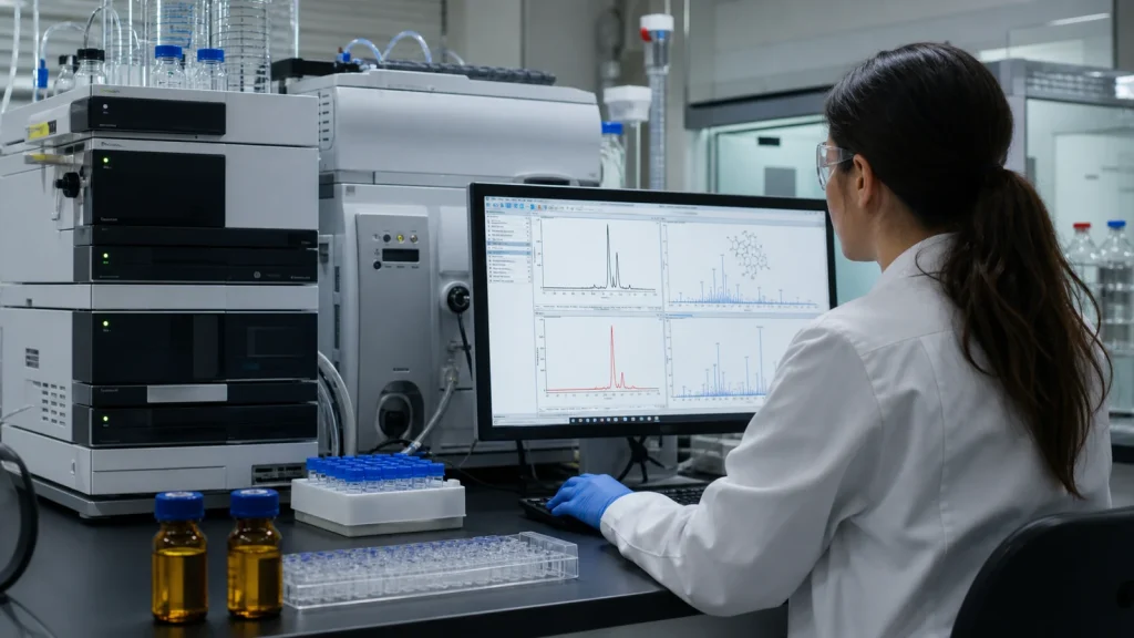 Analytical scientist comparing control and oxidized peptide samples by LC-MS