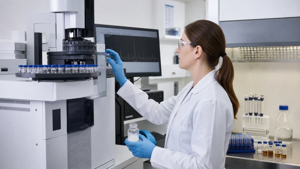 Analytical chemist loading sealed headspace vials for peptide residual solvent testing by gas chromatography
