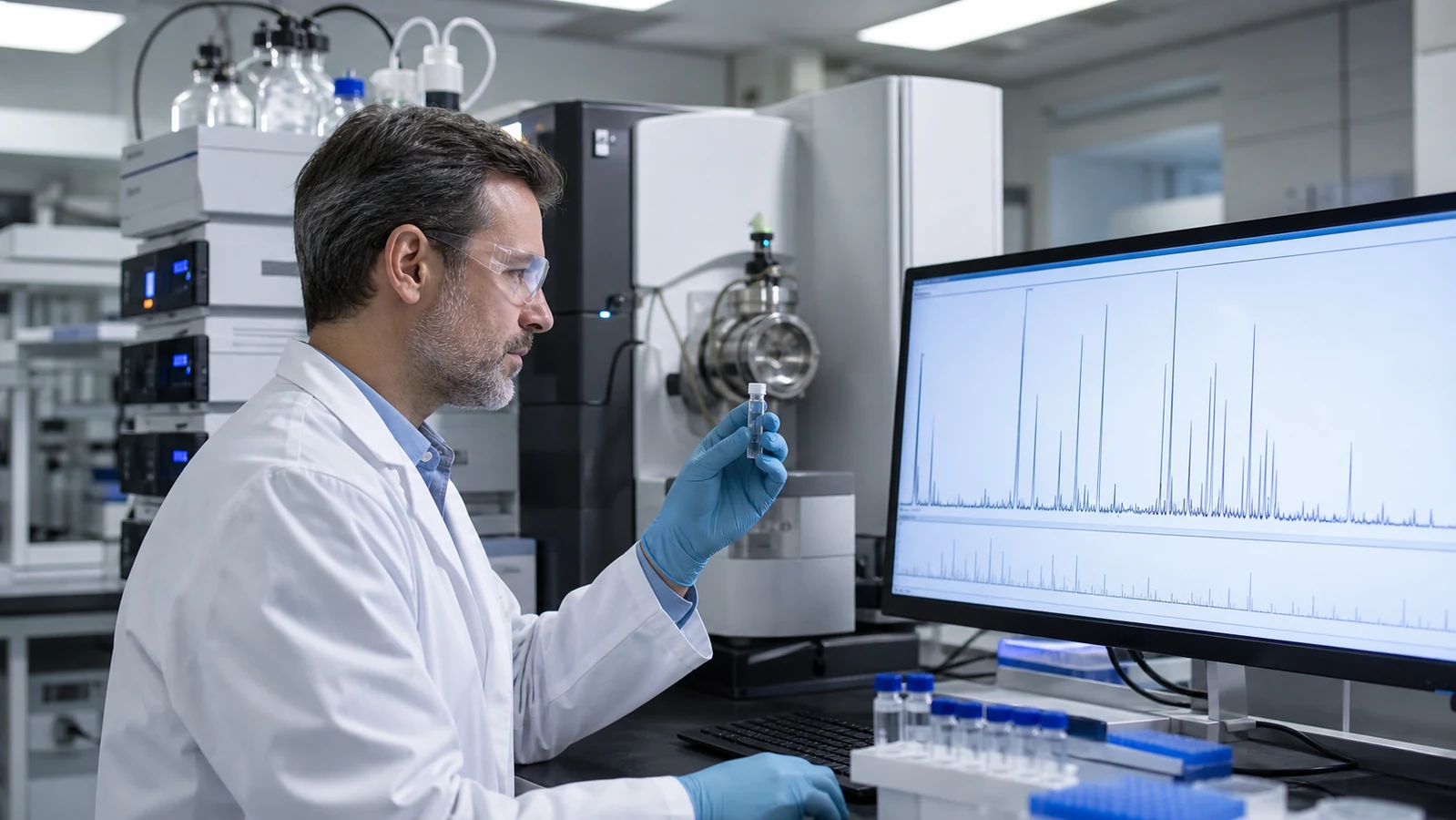Mass spectrometry scientist reviewing peptide fragmentation data for sequence confirmation