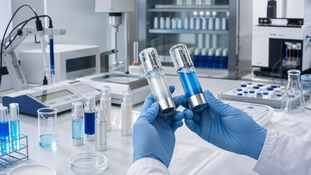 Cosmetic chemist comparing private-label peptide serum samples during a stability study