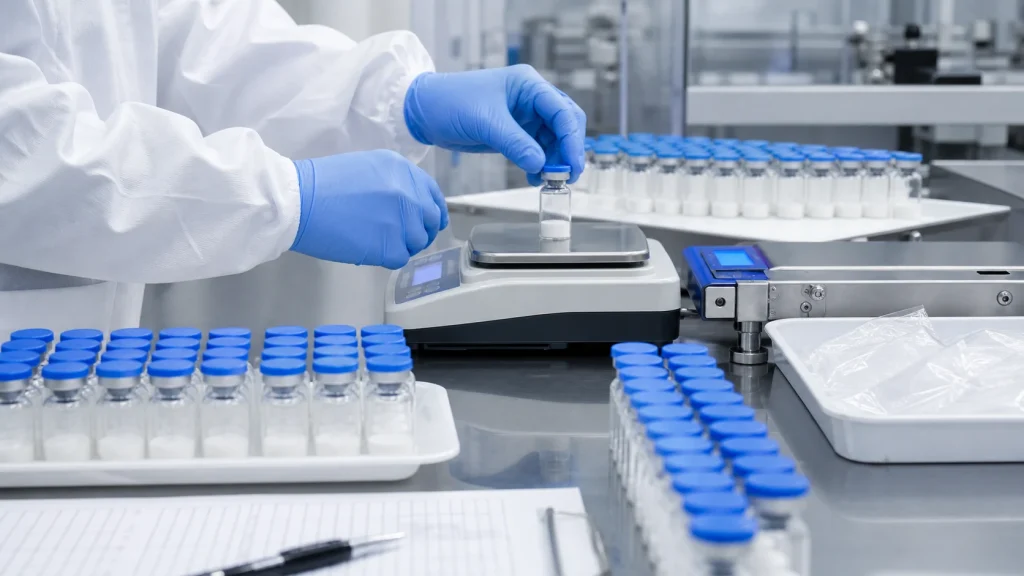 Quality inspector checking fill uniformity of private-label lyophilized peptide vials