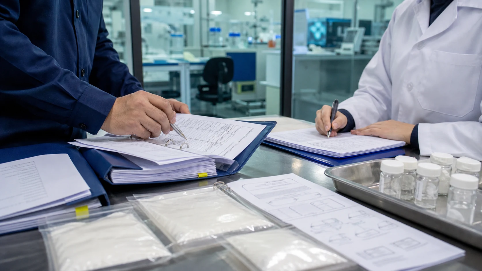Buyer and quality scientist auditing peptide supplier records and a technical quality agreement