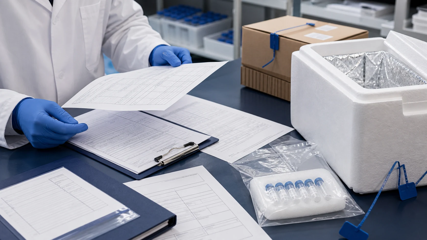 Quality specialist reviewing research-use-only peptide import and customs documents beside a sealed shipment