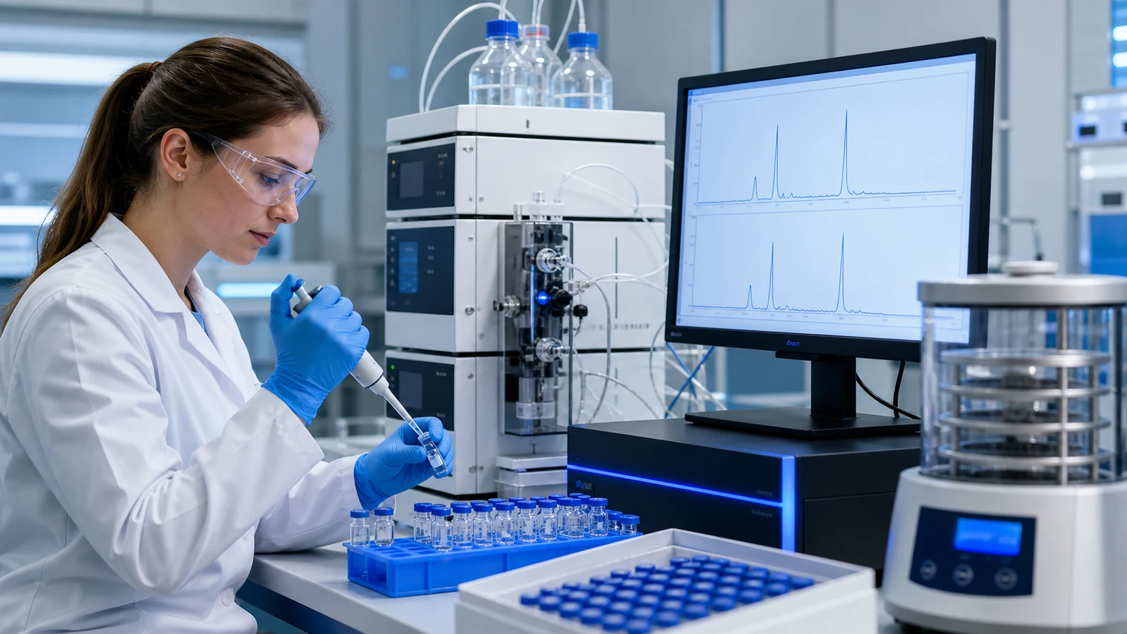 Analytical chemist testing peptide counterions by ion chromatography after acetate exchange