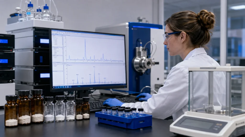 Quality control scientist reviewing HPLC and LC-MS data for bulk KPV peptide lots