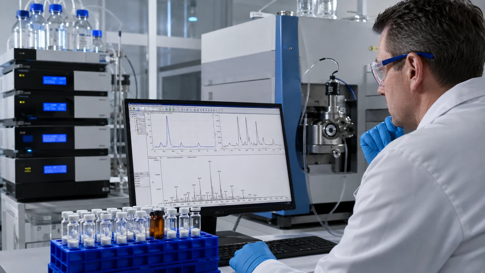 Analytical scientist reviewing HPLC and LC-MS results for bulk Semax peptide batches