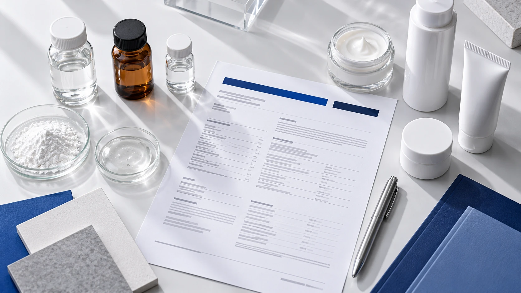 Editorial illustration of cosmetic peptide samples and ingredient documentation