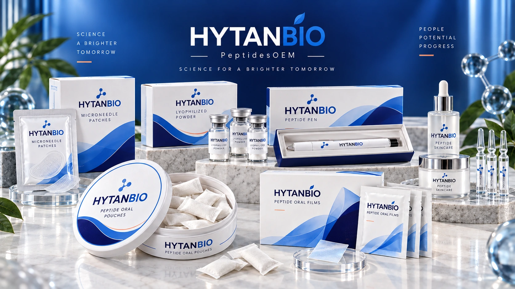 HYTANBIO peptide OEM product range including lyophilized powder, microneedle patches, oral films and skincare packaging