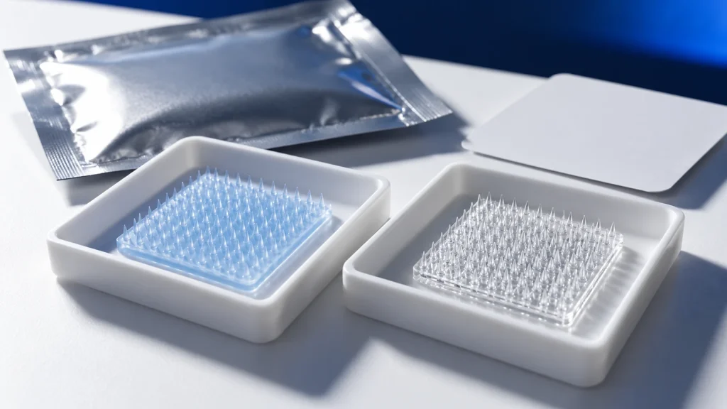 Concept illustration comparing translucent microneedle arrays and protective packaging