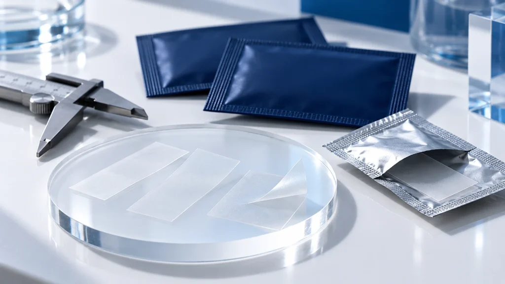 Editorial illustration of smooth oral film strips, foil sachets and a dimensional measuring tool