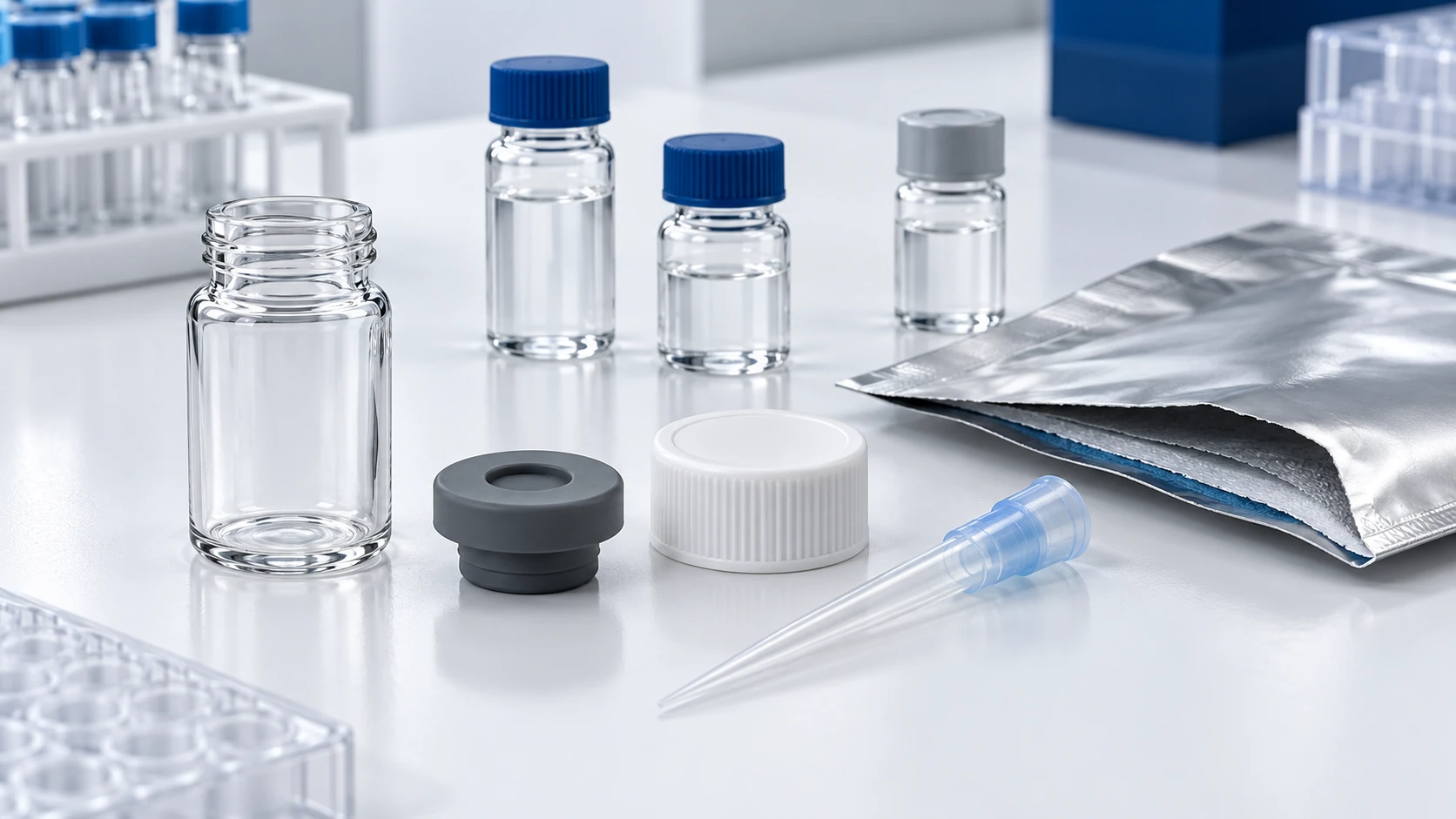 Editorial illustration of vial stoppers, container caps, foil packaging and collection vials